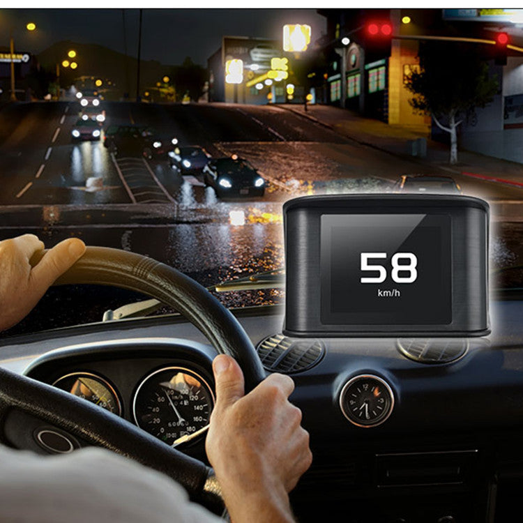 Car HUD monitor mounted on dashboard showing speed