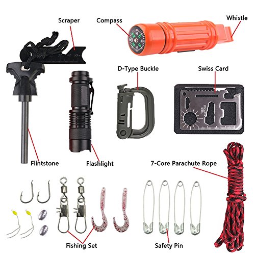Survival kit labeled contents: flashlight, compass, whistle, fire starter, paracord, fishing set