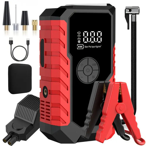 Jump starter with included accessories: clamps, hose, nozzles, USB cable, pouch