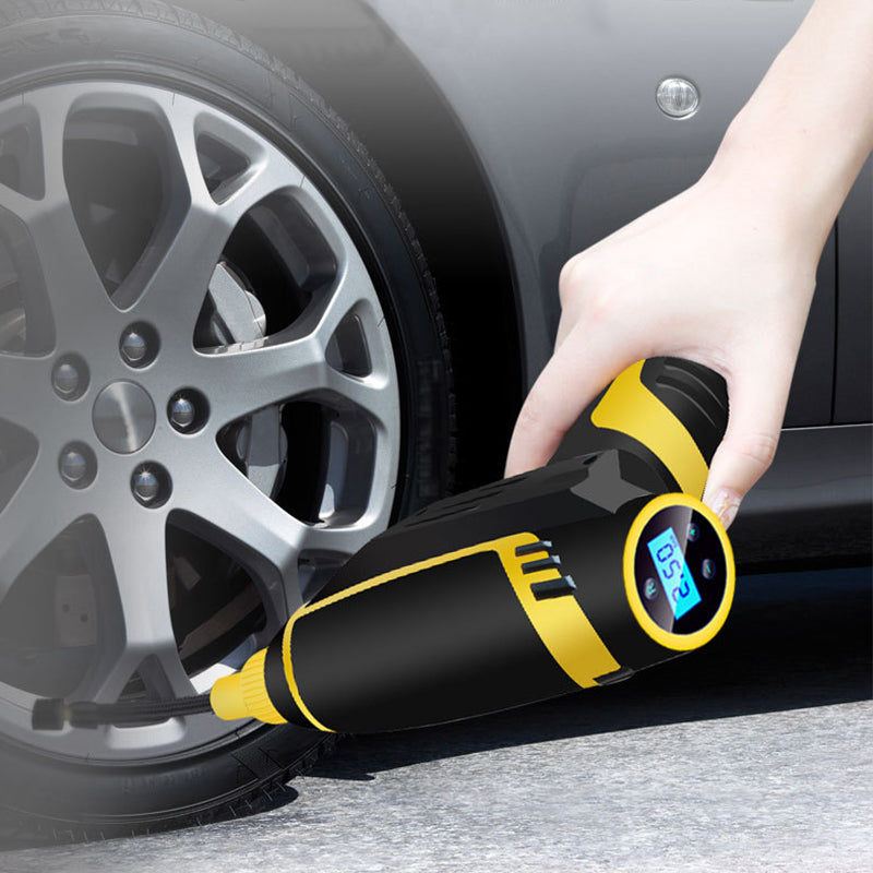 Automatic digital car air compressor inflating a tire