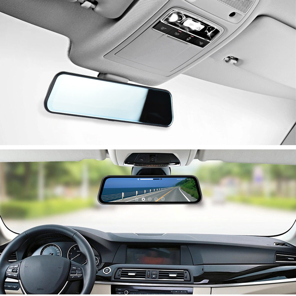 Smart rearview mirror dash cam installed on car windshield