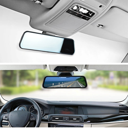 Smart rearview mirror dash cam installed on car windshield
