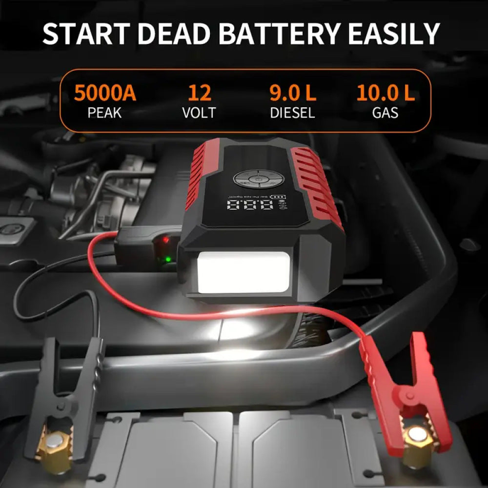 Jump starter connected to car battery under the hood