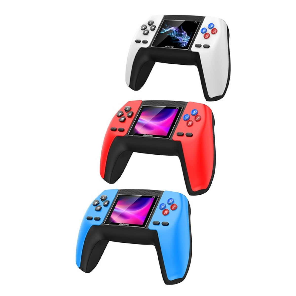 Retro Handheld Game Console in blue, red, and white